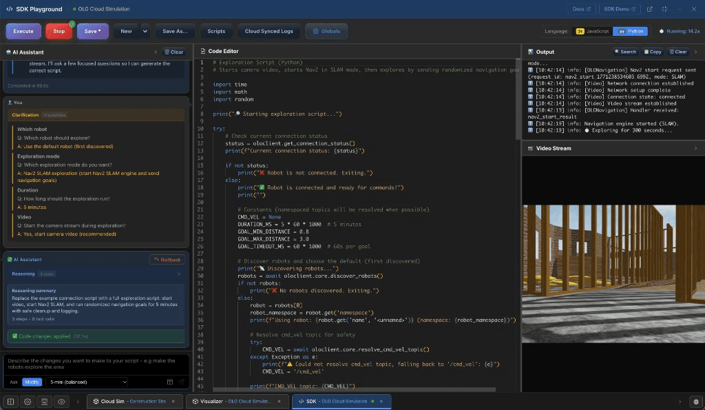 OLO SDK Playground with code editor, AI assistant, and cloud simulation video stream