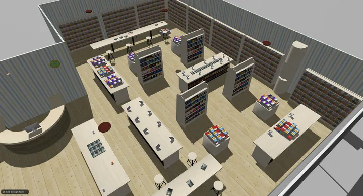 Cloud Sim bookstore interior for Leo Rover demos