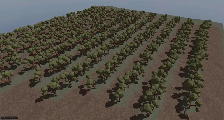 Cloud Sim orchard with rows of trees