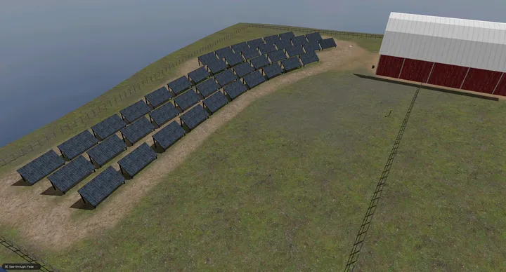 Cloud Sim solar farm with panels and barn