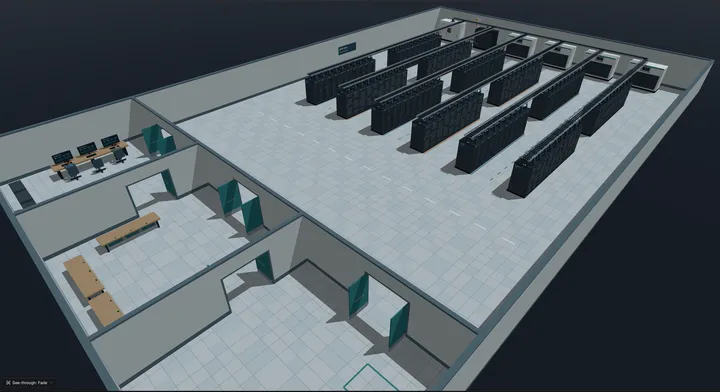 Cloud Sim data center aisle environment