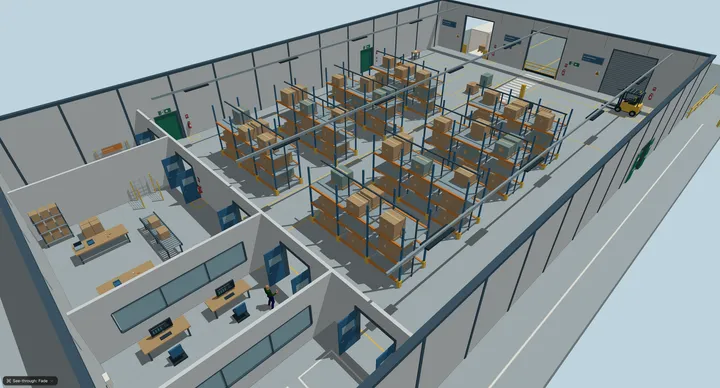 Cloud Sim warehouse interior with shelving and inventory