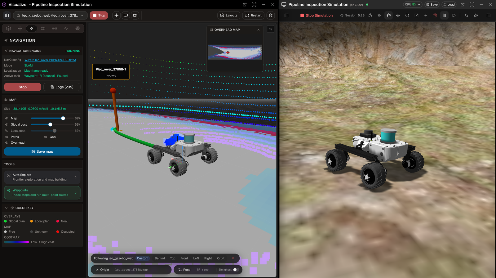 OLO navigation view used to plan a robot inspection route through a confined space