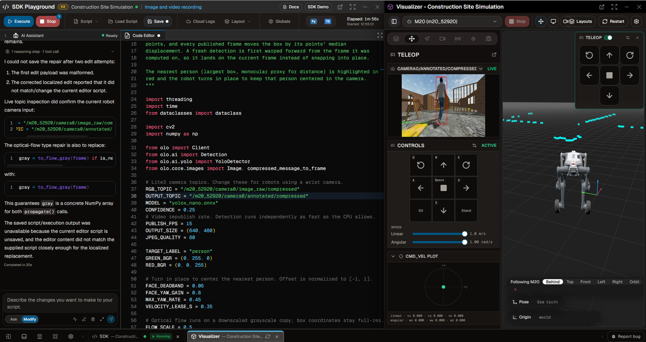 OLO SDK Playground with code editor, AI assistant, and cloud simulation video stream