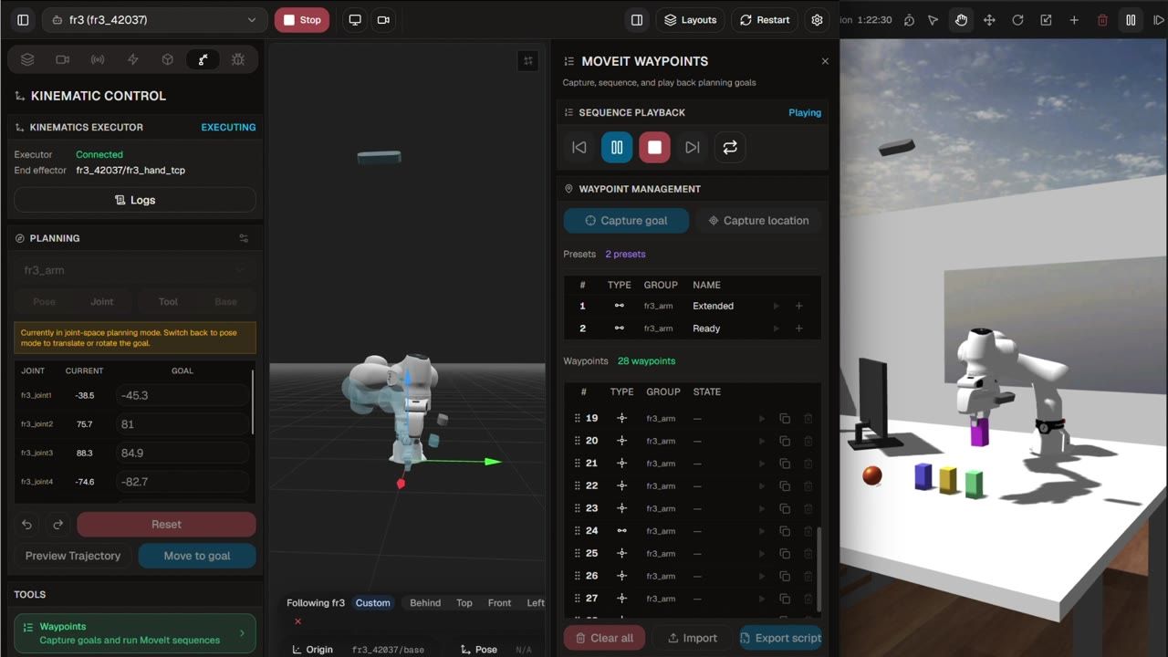 Picking and stacking blocks with kinematic waypoints on a Franka FR3